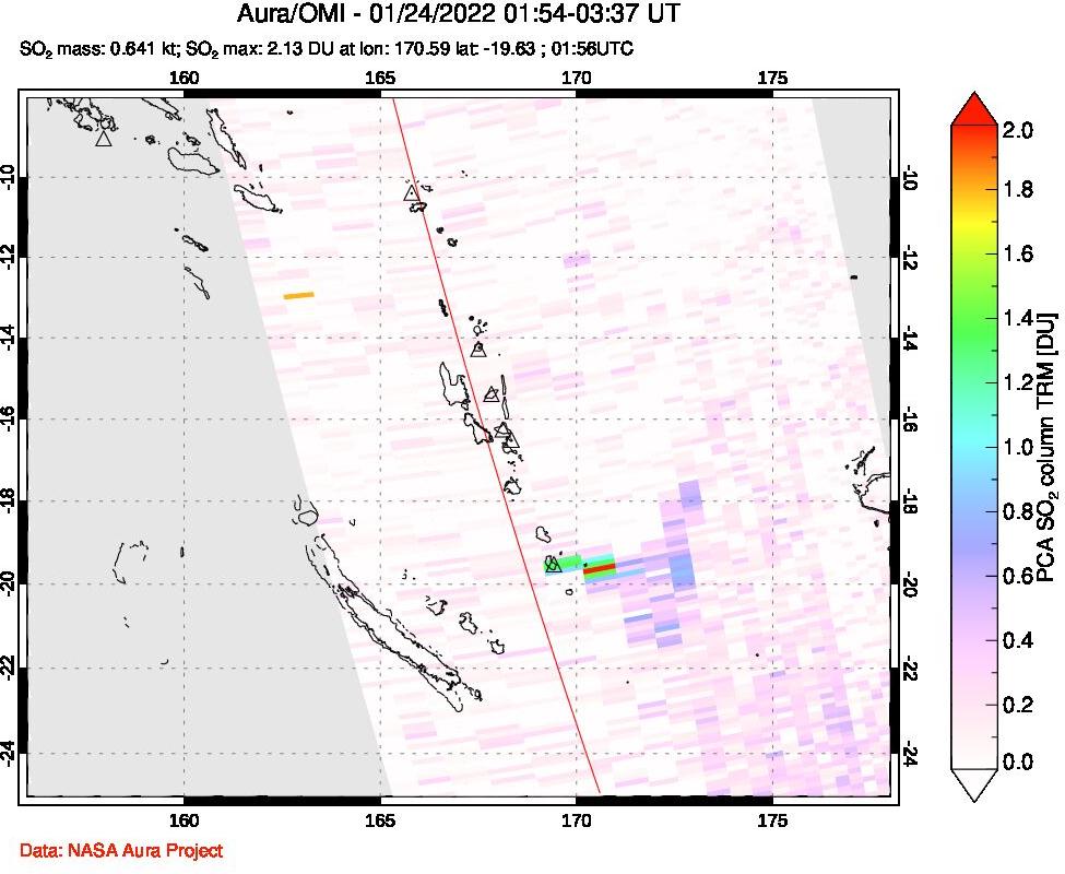 A sulfur dioxide image over Vanuatu, South Pacific on Jan 24, 2022.