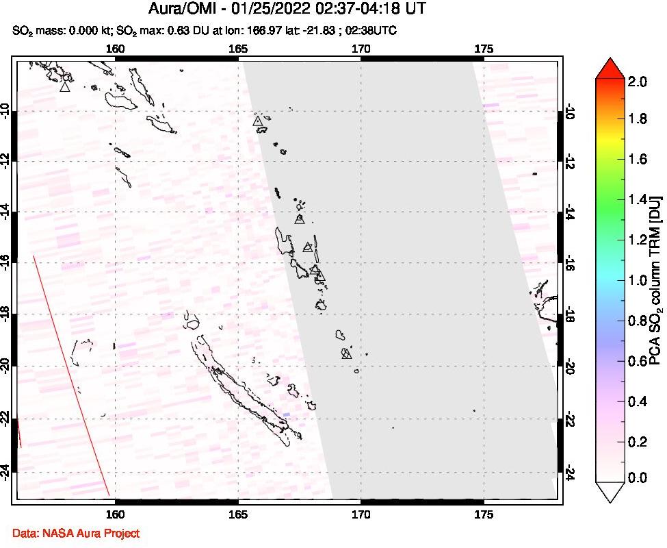 A sulfur dioxide image over Vanuatu, South Pacific on Jan 25, 2022.
