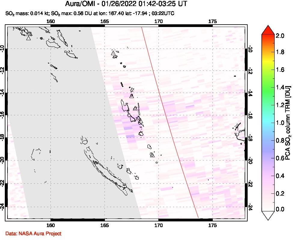 A sulfur dioxide image over Vanuatu, South Pacific on Jan 26, 2022.
