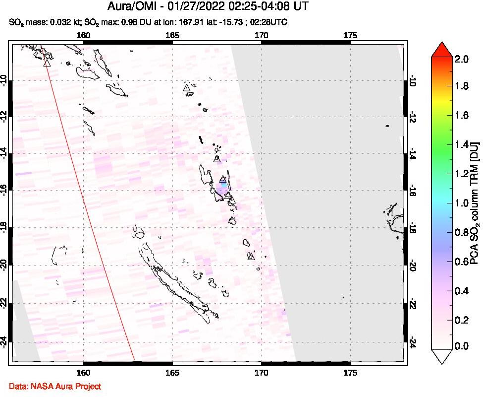 A sulfur dioxide image over Vanuatu, South Pacific on Jan 27, 2022.