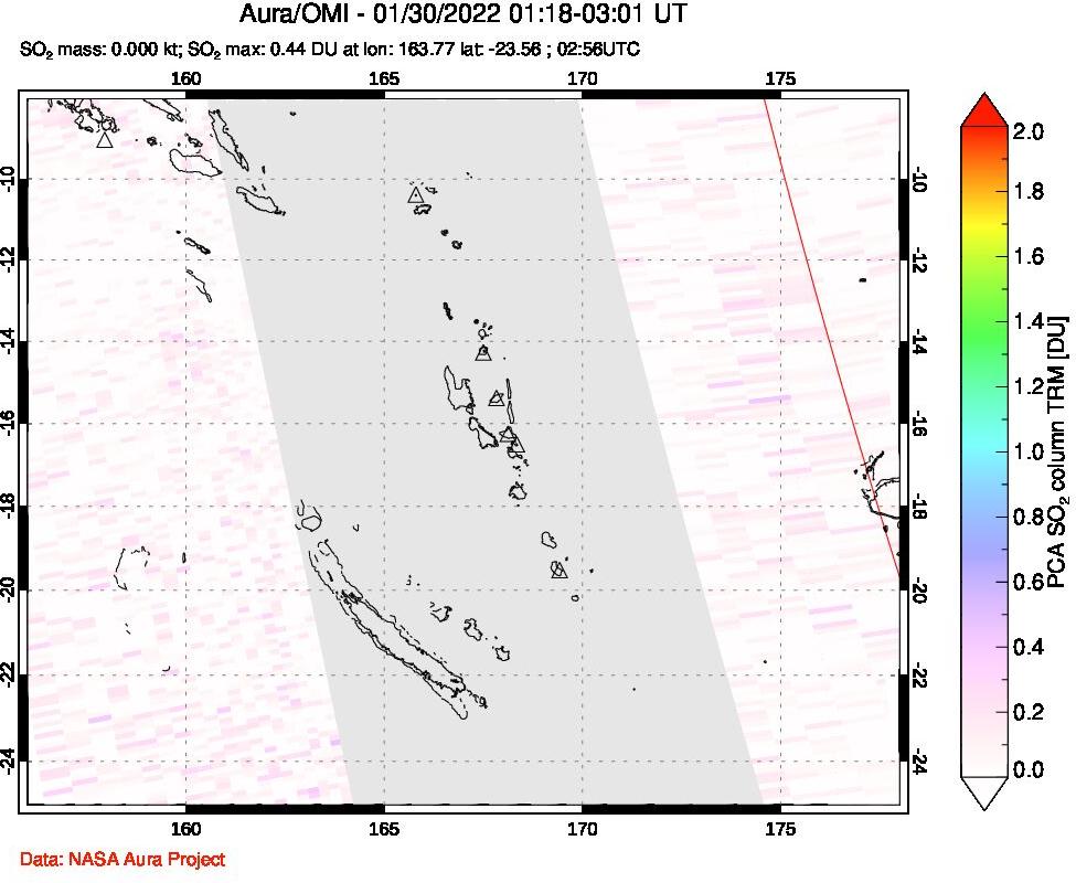 A sulfur dioxide image over Vanuatu, South Pacific on Jan 30, 2022.