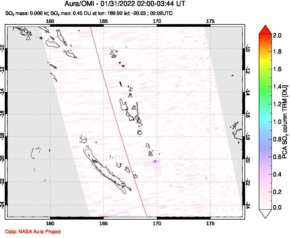 A sulfur dioxide image over Vanuatu, South Pacific on Jan 31, 2022.