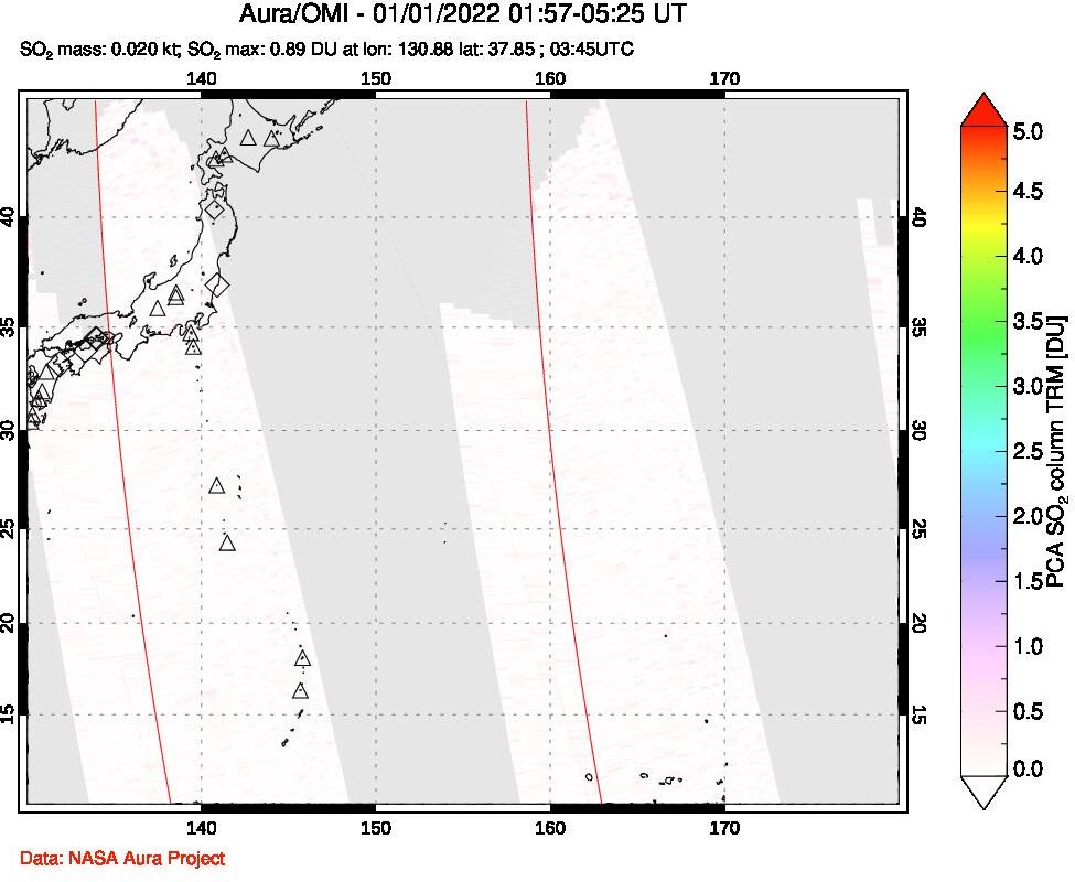 A sulfur dioxide image over Western Pacific on Jan 01, 2022.