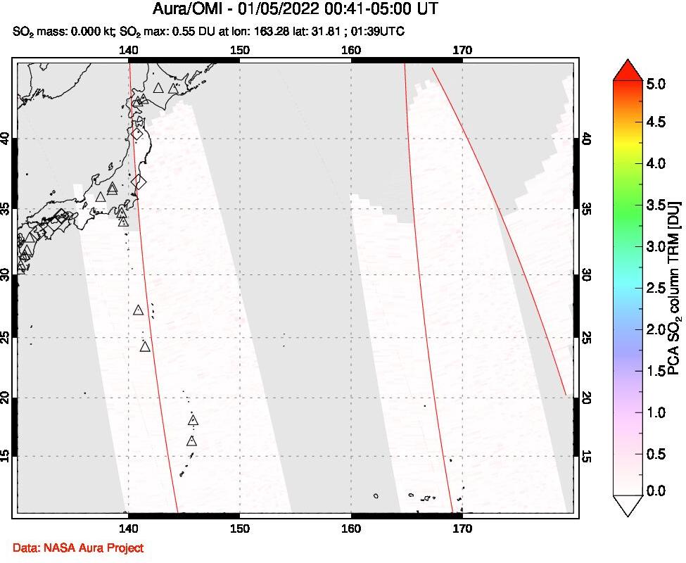 A sulfur dioxide image over Western Pacific on Jan 05, 2022.