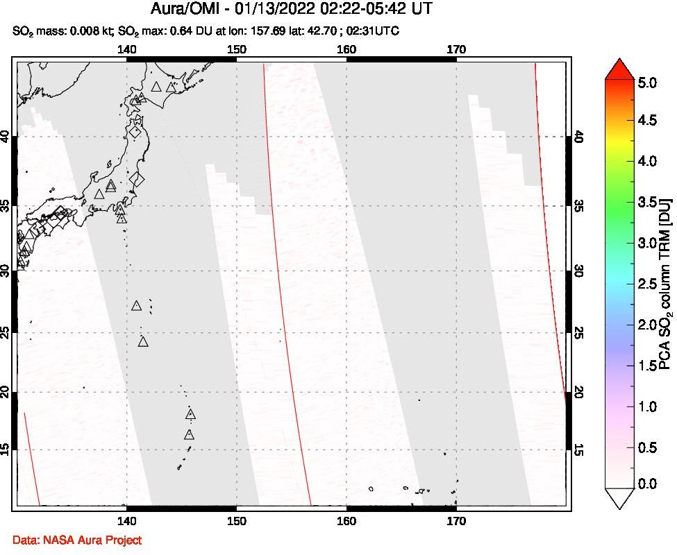 A sulfur dioxide image over Western Pacific on Jan 13, 2022.