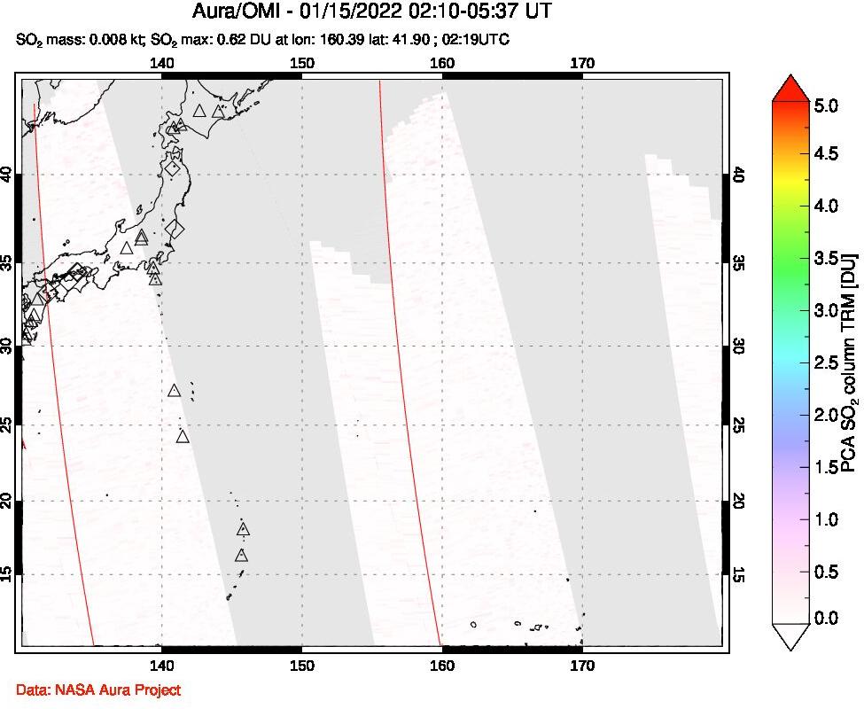 A sulfur dioxide image over Western Pacific on Jan 15, 2022.