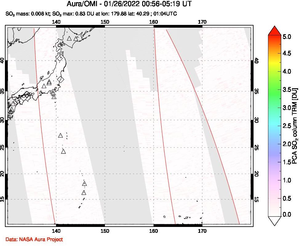 A sulfur dioxide image over Western Pacific on Jan 26, 2022.