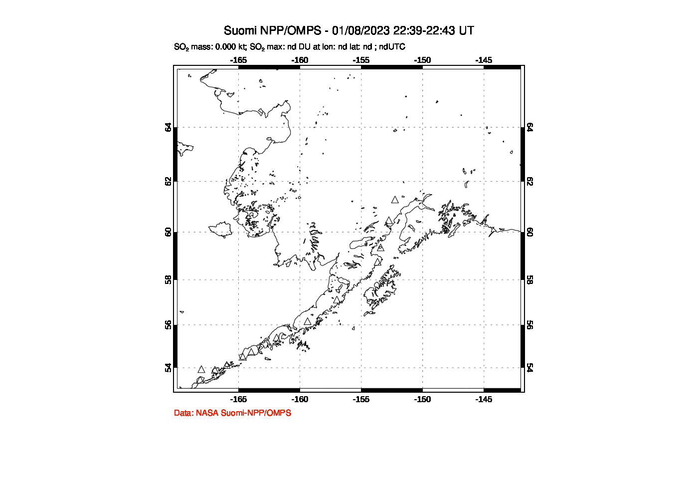A sulfur dioxide image over Alaska, USA on Jan 08, 2023.