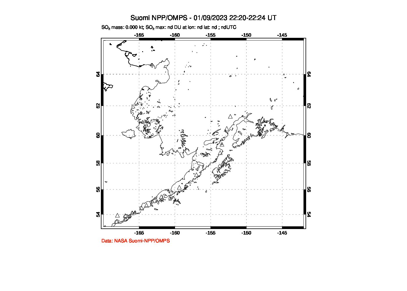 A sulfur dioxide image over Alaska, USA on Jan 09, 2023.