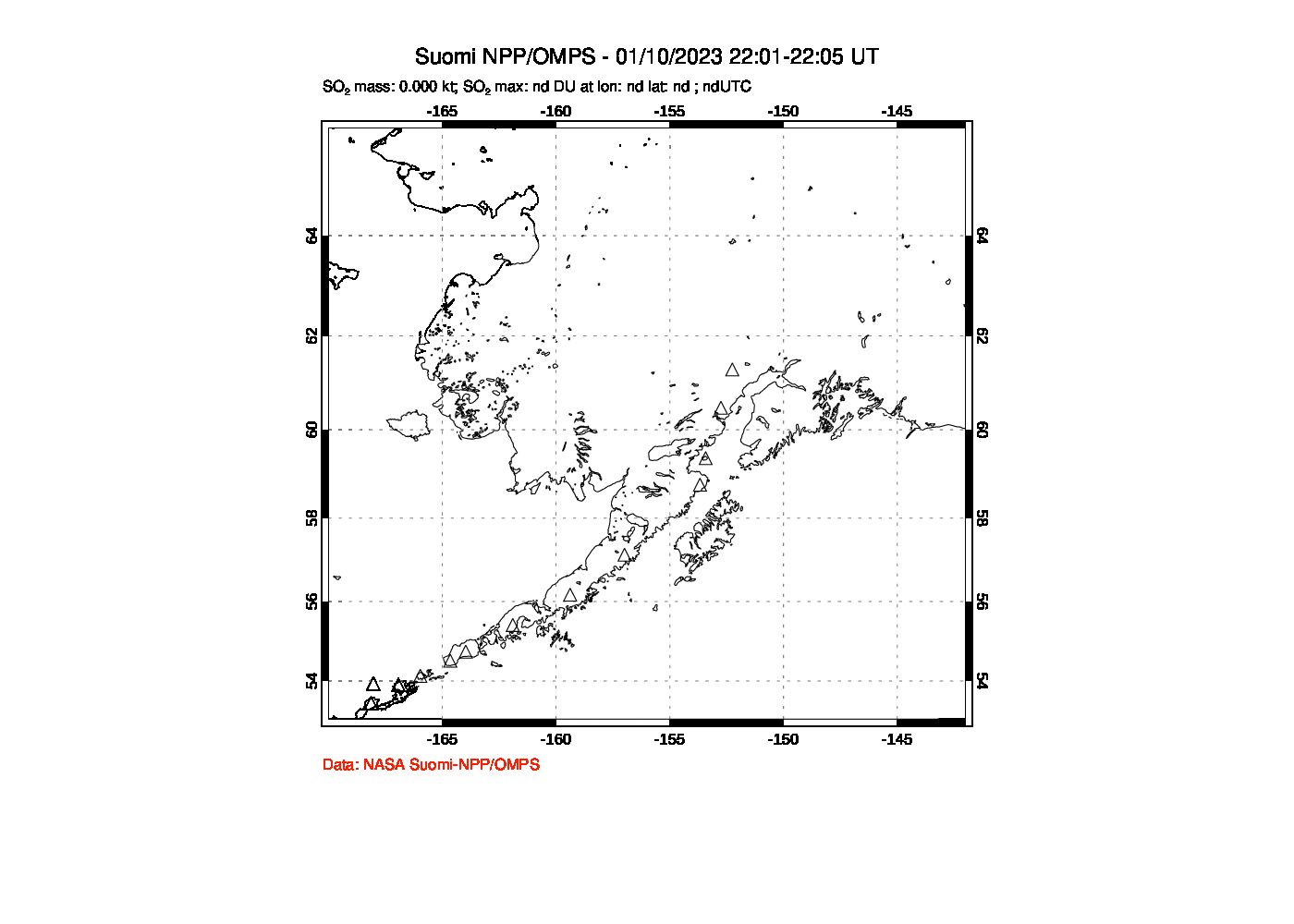 A sulfur dioxide image over Alaska, USA on Jan 10, 2023.