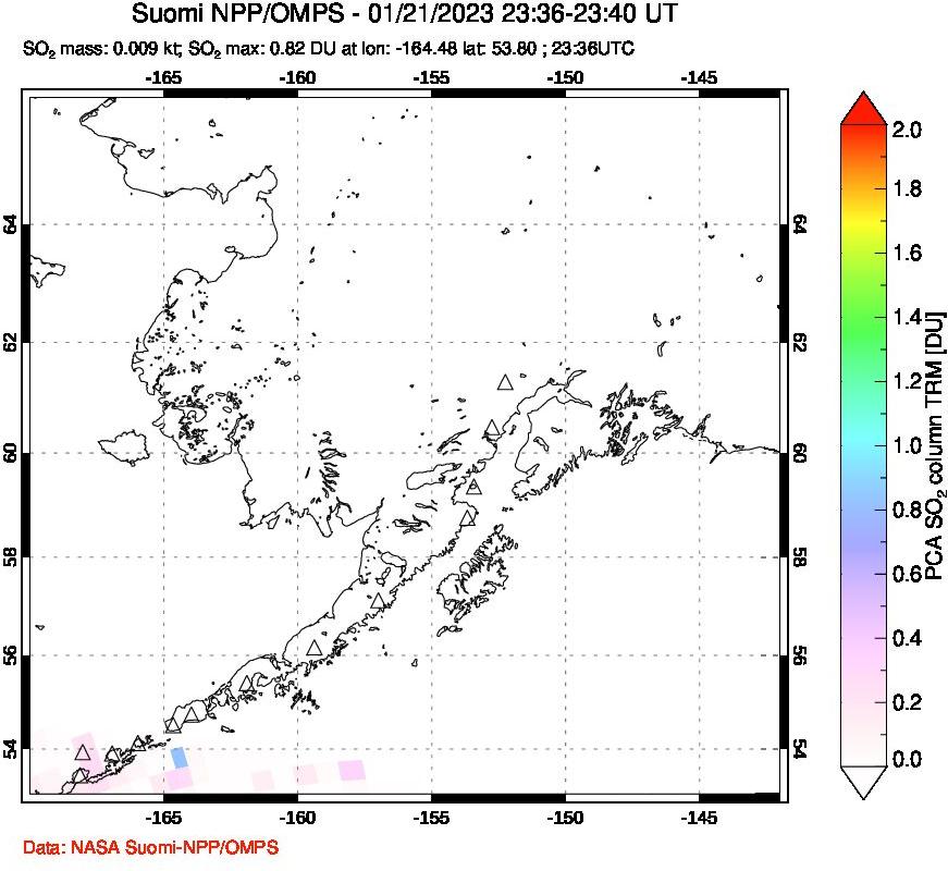 A sulfur dioxide image over Alaska, USA on Jan 21, 2023.