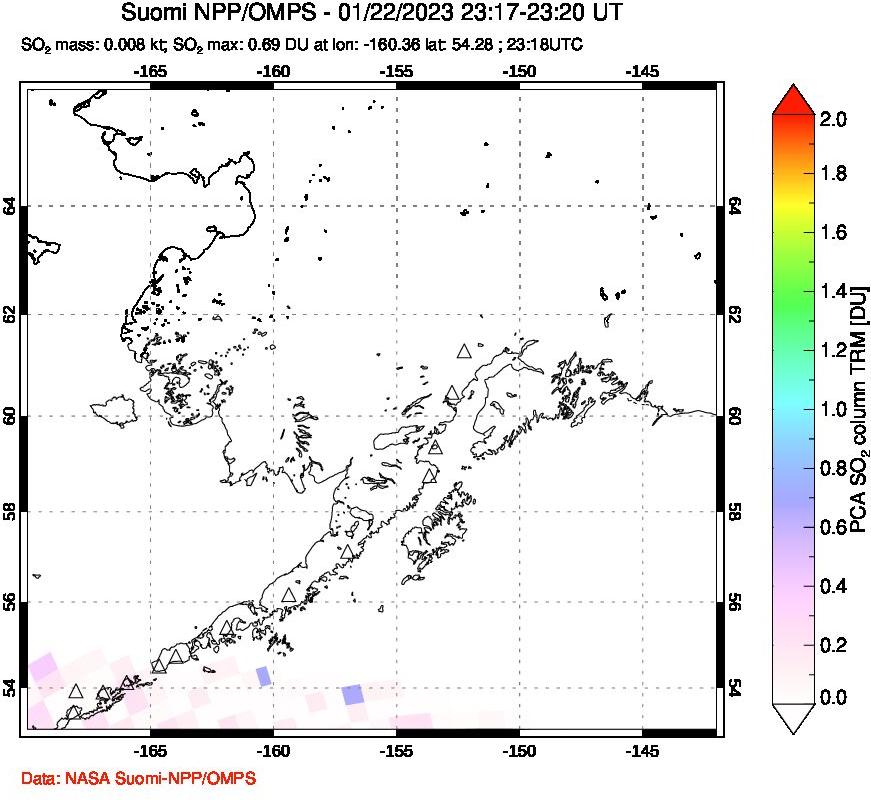 A sulfur dioxide image over Alaska, USA on Jan 22, 2023.
