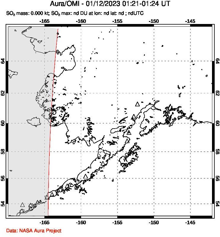 A sulfur dioxide image over Alaska, USA on Jan 12, 2023.