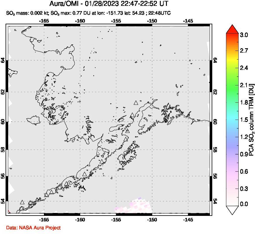 A sulfur dioxide image over Alaska, USA on Jan 28, 2023.