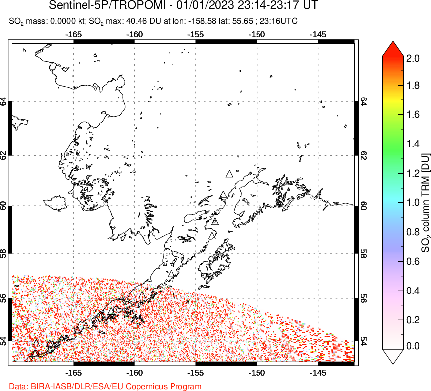 A sulfur dioxide image over Alaska, USA on Jan 01, 2023.