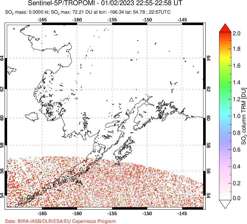 A sulfur dioxide image over Alaska, USA on Jan 02, 2023.