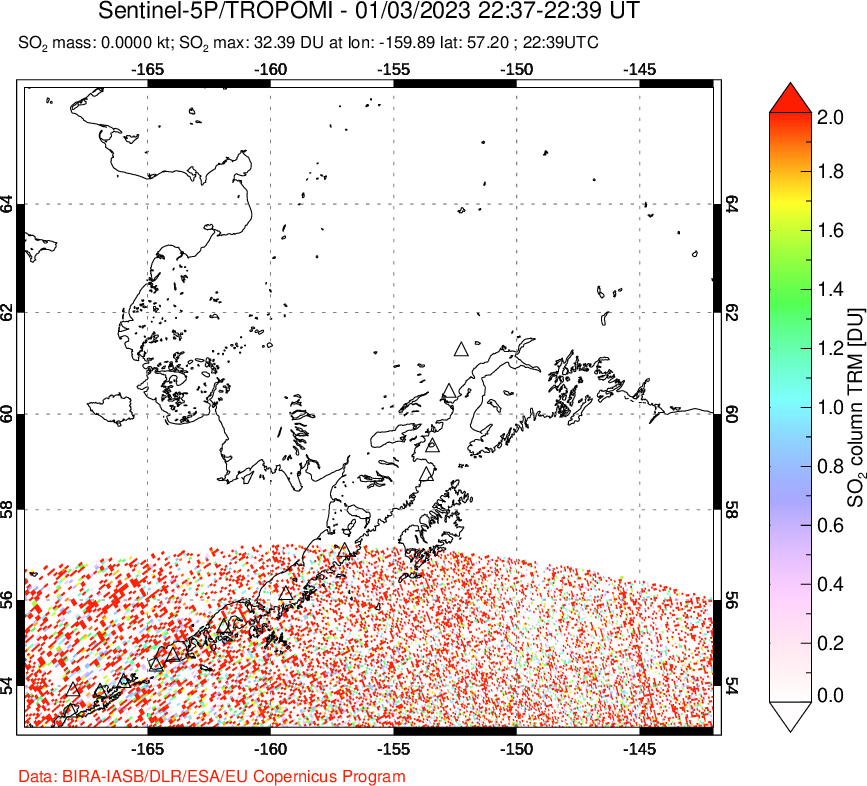 A sulfur dioxide image over Alaska, USA on Jan 03, 2023.