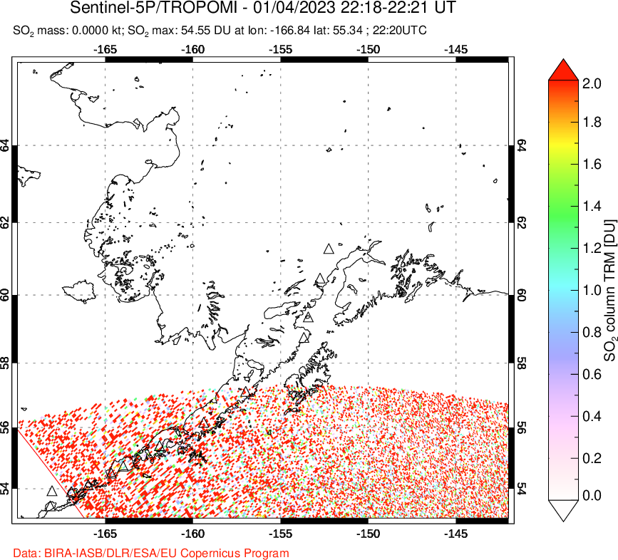 A sulfur dioxide image over Alaska, USA on Jan 04, 2023.