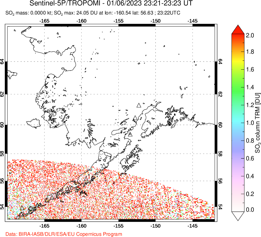 A sulfur dioxide image over Alaska, USA on Jan 06, 2023.