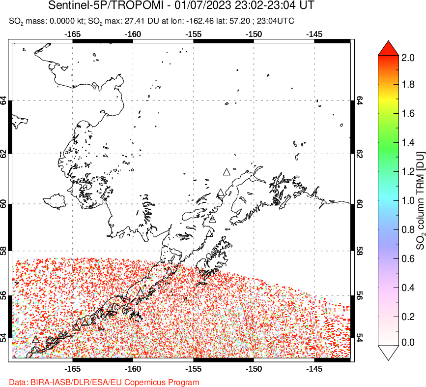 A sulfur dioxide image over Alaska, USA on Jan 07, 2023.