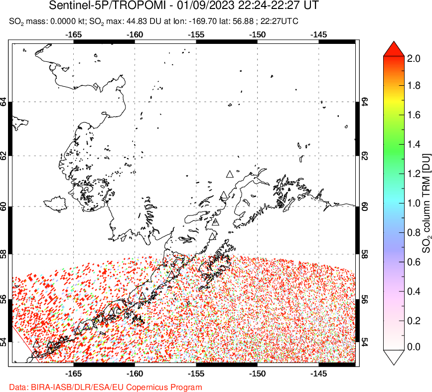 A sulfur dioxide image over Alaska, USA on Jan 09, 2023.