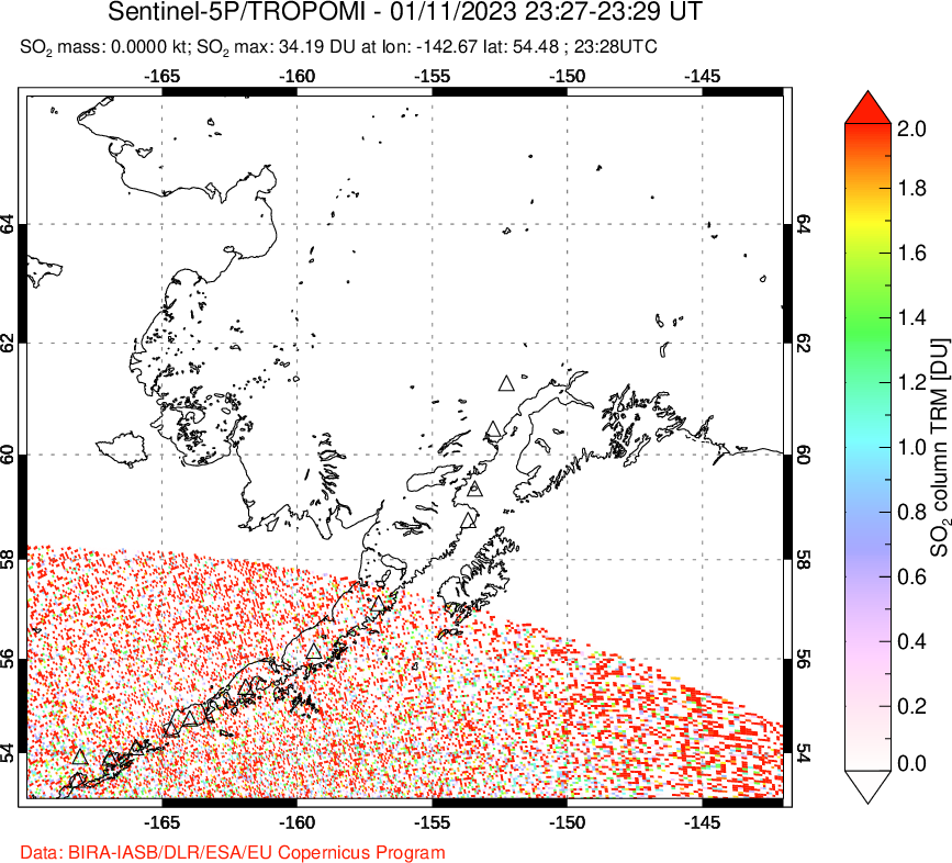 A sulfur dioxide image over Alaska, USA on Jan 11, 2023.