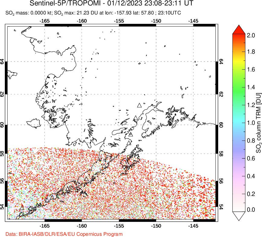 A sulfur dioxide image over Alaska, USA on Jan 12, 2023.