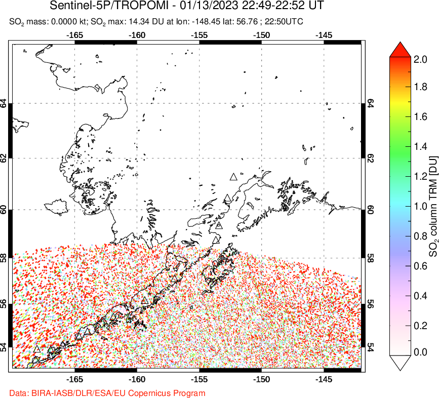 A sulfur dioxide image over Alaska, USA on Jan 13, 2023.
