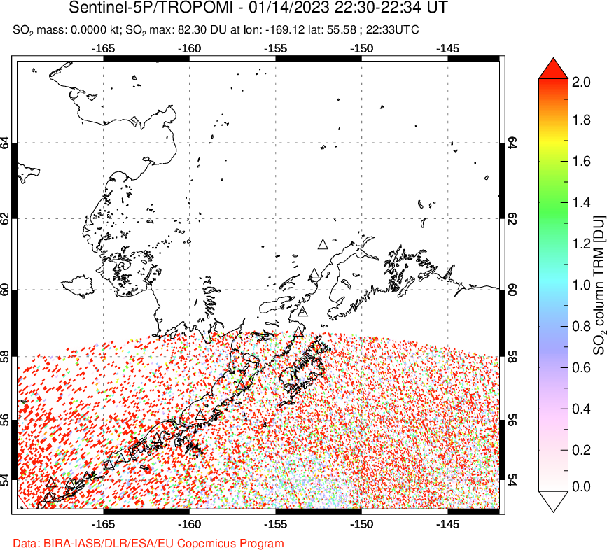 A sulfur dioxide image over Alaska, USA on Jan 14, 2023.