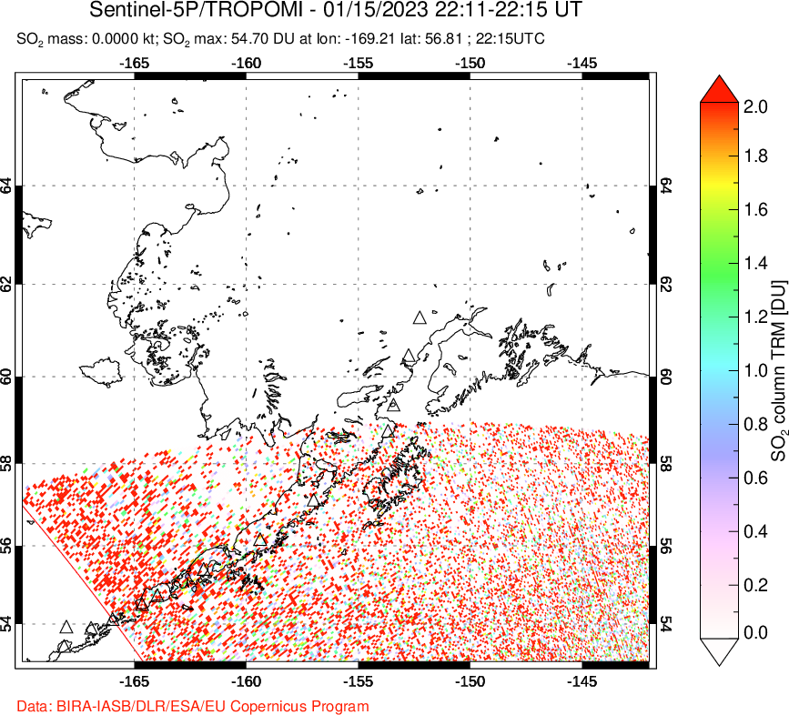 A sulfur dioxide image over Alaska, USA on Jan 15, 2023.