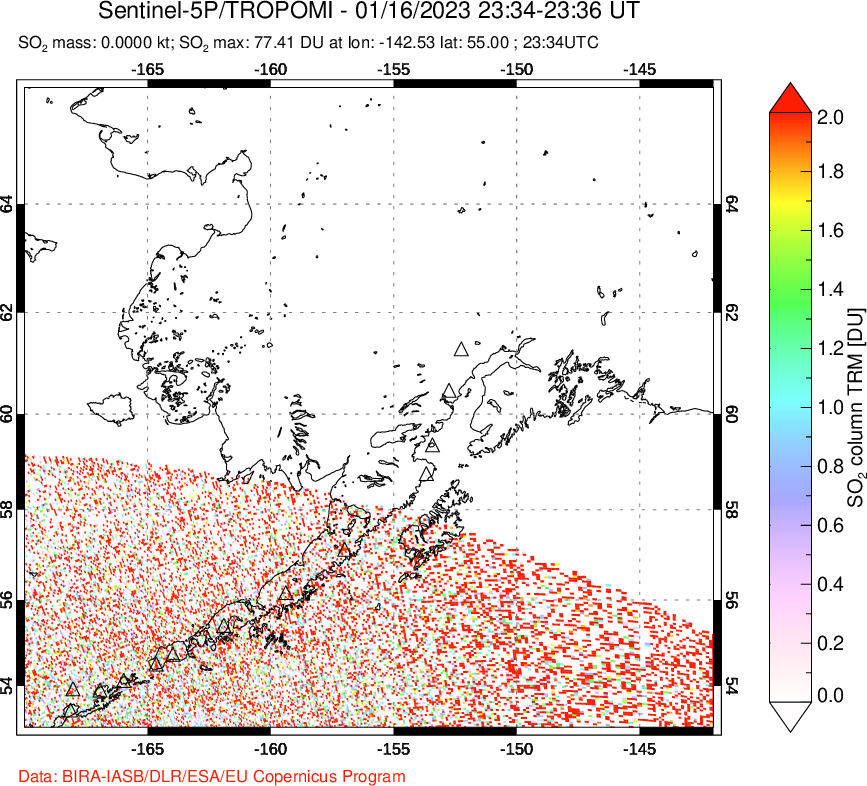 A sulfur dioxide image over Alaska, USA on Jan 16, 2023.