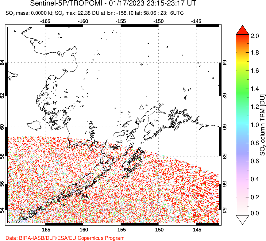 A sulfur dioxide image over Alaska, USA on Jan 17, 2023.