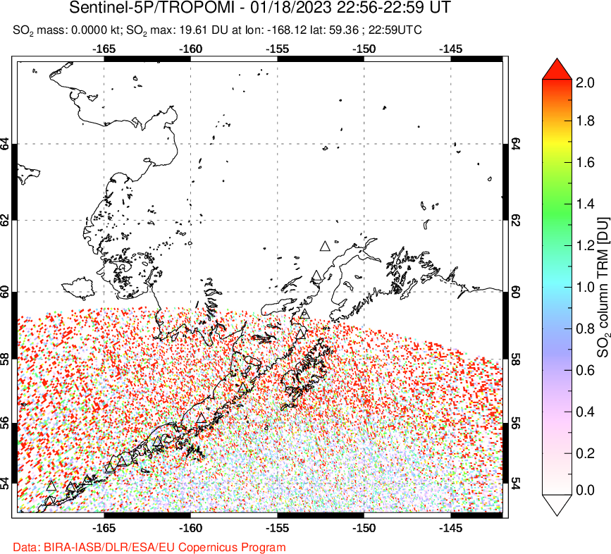 A sulfur dioxide image over Alaska, USA on Jan 18, 2023.