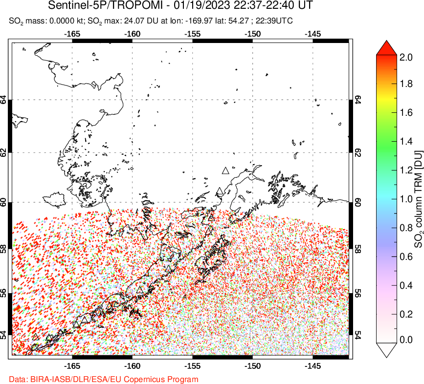A sulfur dioxide image over Alaska, USA on Jan 19, 2023.