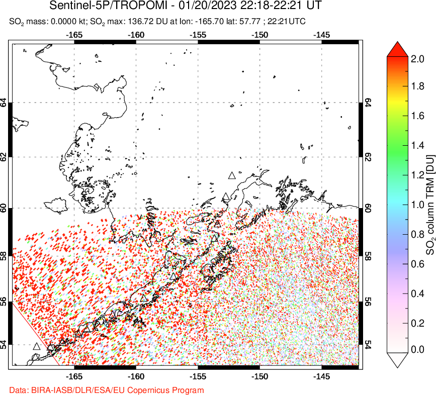 A sulfur dioxide image over Alaska, USA on Jan 20, 2023.