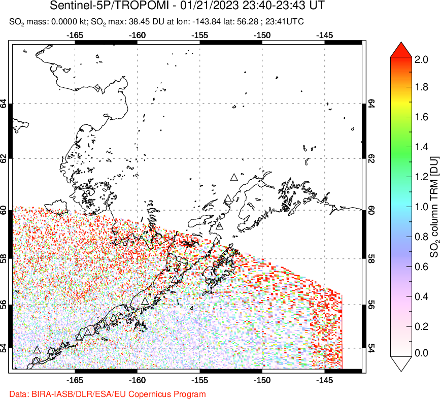 A sulfur dioxide image over Alaska, USA on Jan 21, 2023.