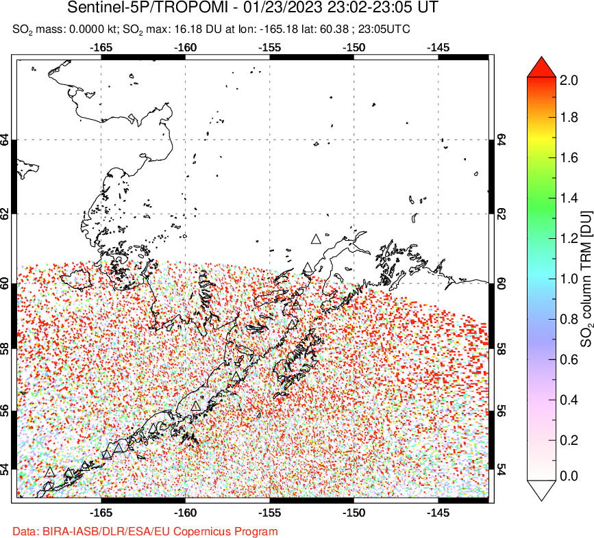 A sulfur dioxide image over Alaska, USA on Jan 23, 2023.