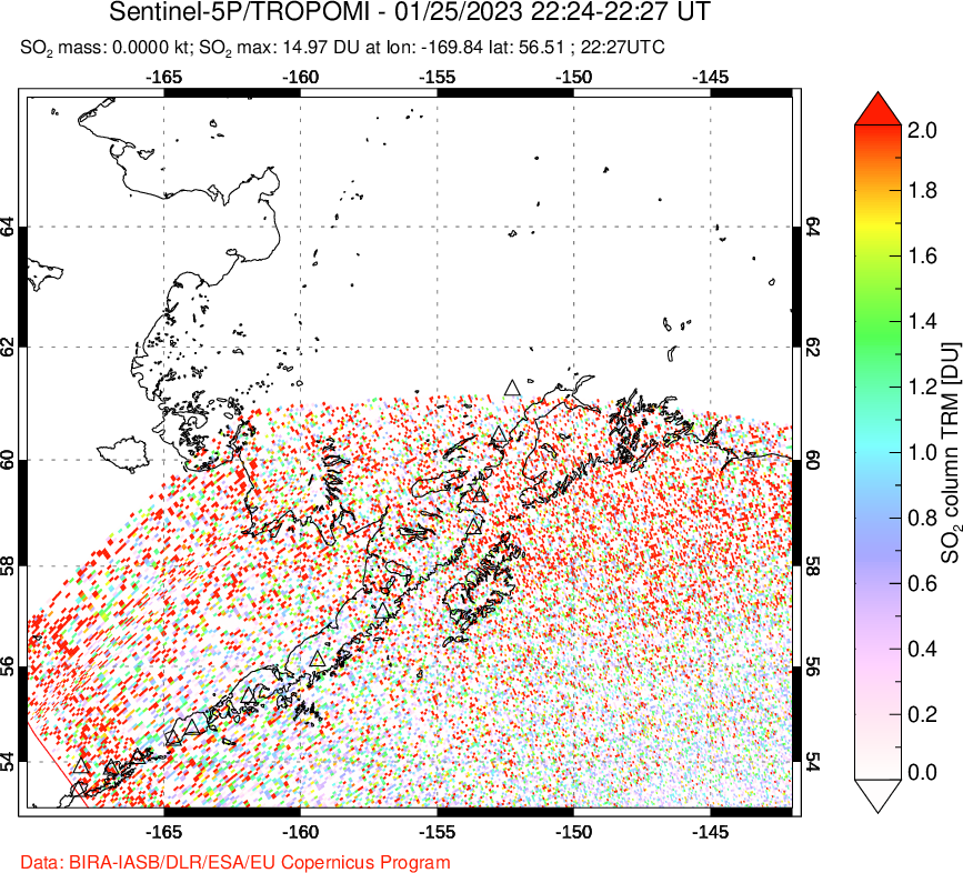 A sulfur dioxide image over Alaska, USA on Jan 25, 2023.