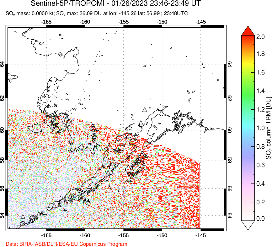 A sulfur dioxide image over Alaska, USA on Jan 26, 2023.