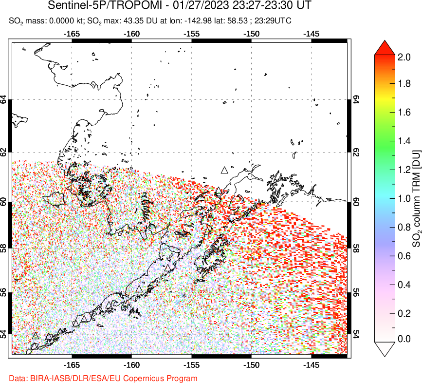 A sulfur dioxide image over Alaska, USA on Jan 27, 2023.