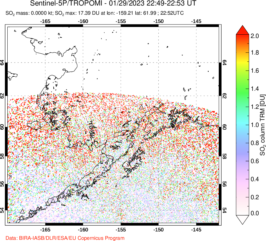 A sulfur dioxide image over Alaska, USA on Jan 29, 2023.