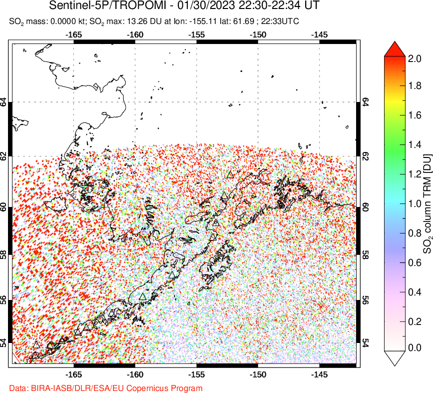 A sulfur dioxide image over Alaska, USA on Jan 30, 2023.