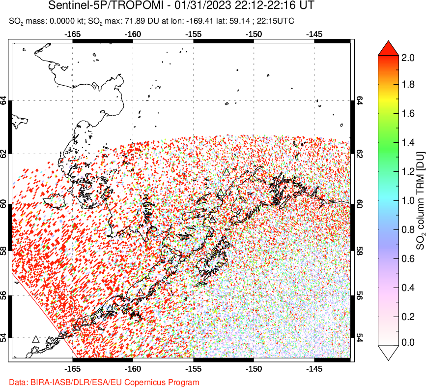 A sulfur dioxide image over Alaska, USA on Jan 31, 2023.