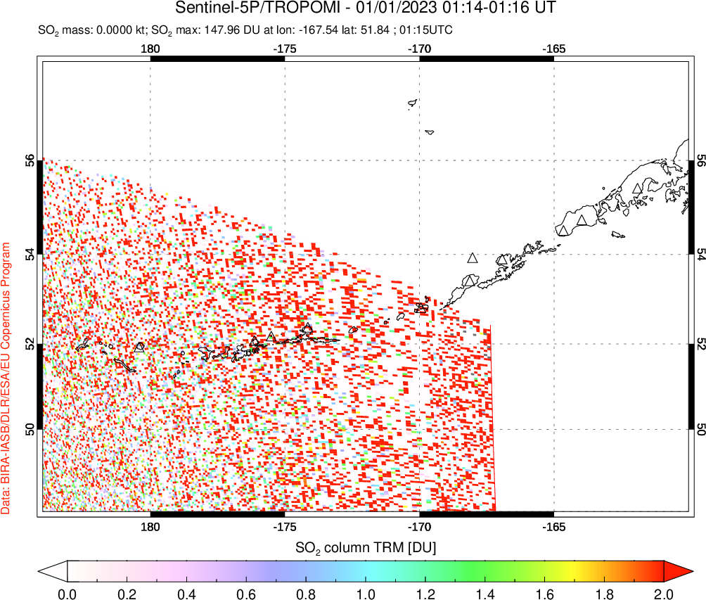 A sulfur dioxide image over Aleutian Islands, Alaska, USA on Jan 01, 2023.