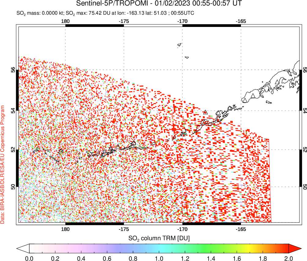 A sulfur dioxide image over Aleutian Islands, Alaska, USA on Jan 02, 2023.