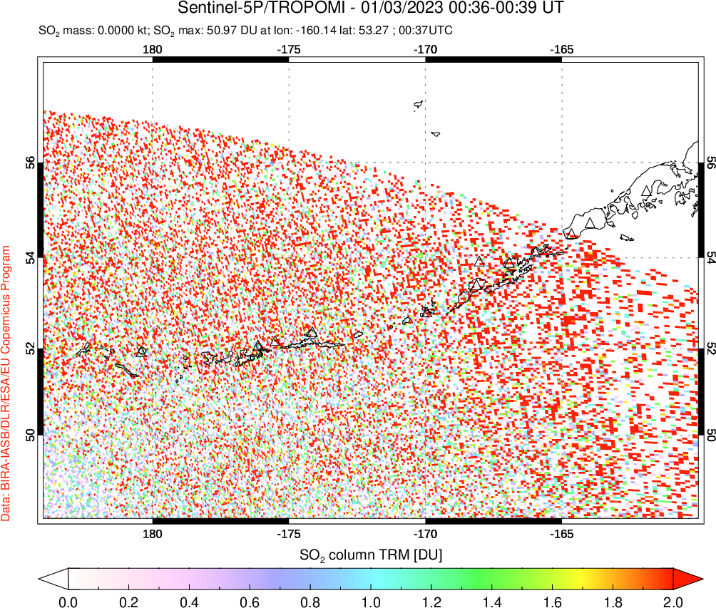 A sulfur dioxide image over Aleutian Islands, Alaska, USA on Jan 03, 2023.