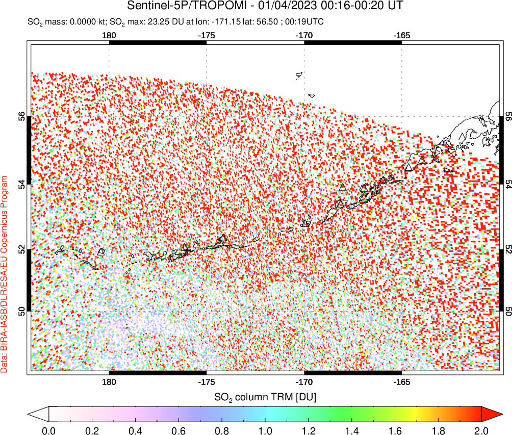 A sulfur dioxide image over Aleutian Islands, Alaska, USA on Jan 04, 2023.