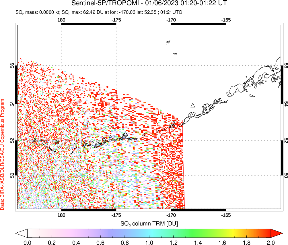 A sulfur dioxide image over Aleutian Islands, Alaska, USA on Jan 06, 2023.