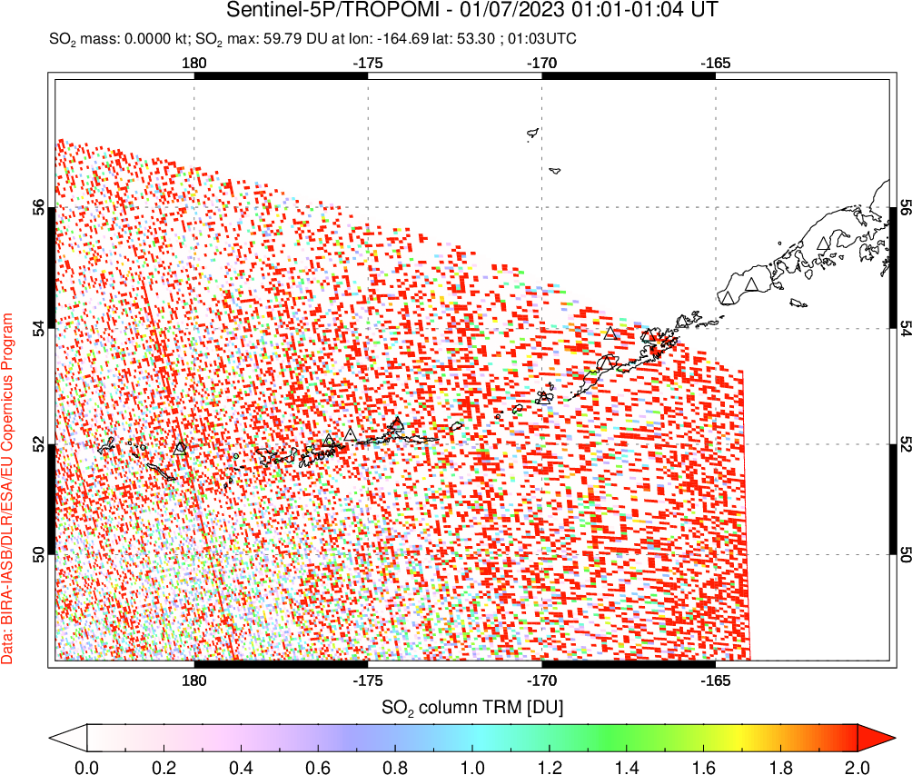 A sulfur dioxide image over Aleutian Islands, Alaska, USA on Jan 07, 2023.