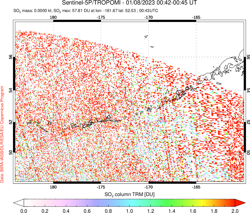 A sulfur dioxide image over Aleutian Islands, Alaska, USA on Jan 08, 2023.